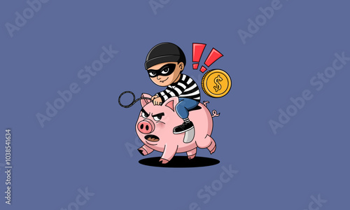Thief riding a piggy bank with money symbol alert.