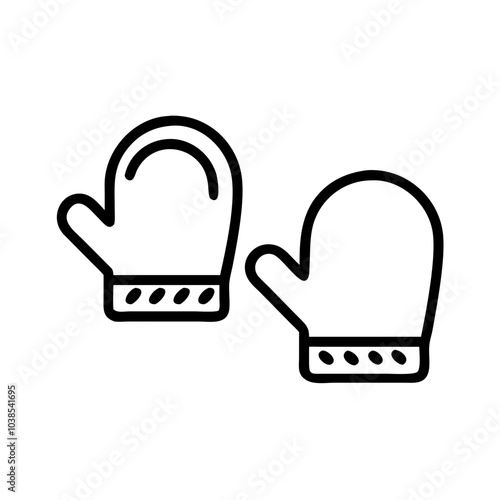 a simple black and white line drawing of a pair of mittens. The mittens are depicted with a thumb on each side, and they have a cuff at the wrist with a diagonal stripe pattern