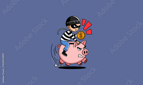 Thief riding a piggy bank with money symbol alert.