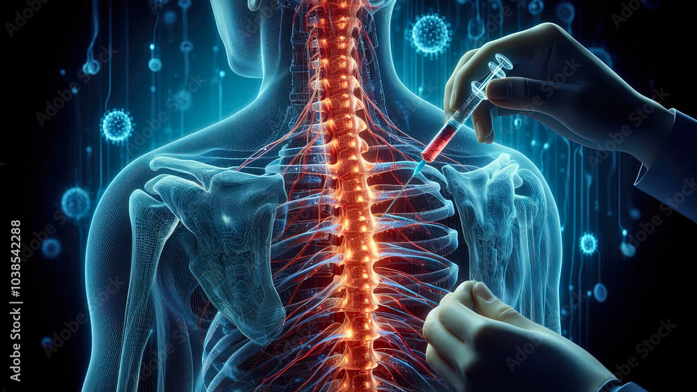 Futuristic Spine Injection | Advanced Medical Procedure with High-Tech Visualization of Nervous System Futuristic Spine Injection | Advanced Medical Procedure with High-Tech Visualization of Nervous System