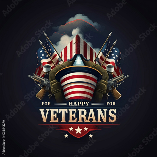 Patriotic Veterans Day Design: Military Hat, Stars & Stripes Shield, American Flags, and Flying Jets