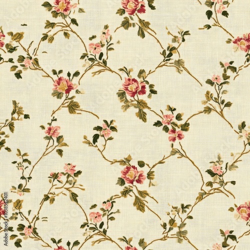 Vintage tapestry floral trellis pattern on vintage beige fabric background, seamless repeating pattern, textile print style, minimal, tapestry design, seamless floral trellis pattern, home decor