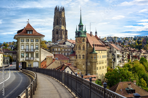 The towers of the Town Hall and Cathedral in Fribourg Old town, Switzerland