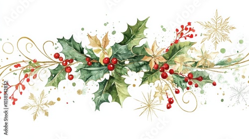 Beautiful watercolor illustration of festive holly, berries, and stars on a white background, perfect for holiday designs.