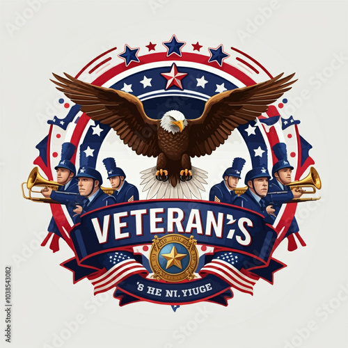 Patriotic Veterans Day Design: Military Hat, Stars & Stripes Shield, American Flags, and Flying Jets