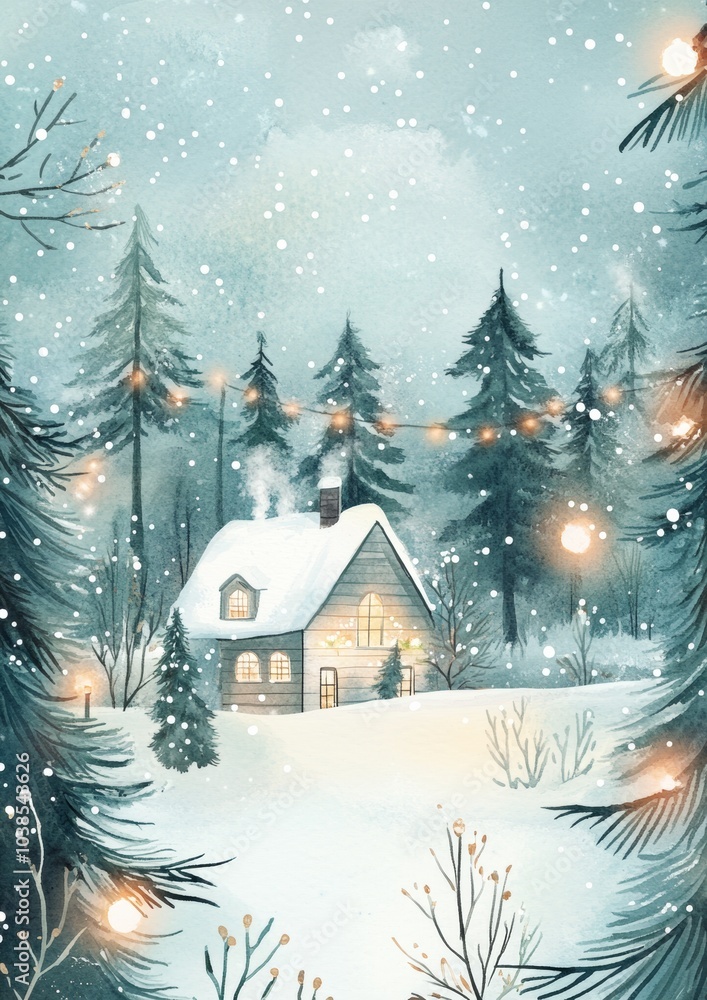 Charming winter cabin surrounded by snow-covered trees, illuminated under soft snowfall, evoking a cozy holiday atmosphere. Charming winter cabin surrounded by snow-covered trees, illuminated under soft snowfall, evoking a cozy holiday atmosphere.