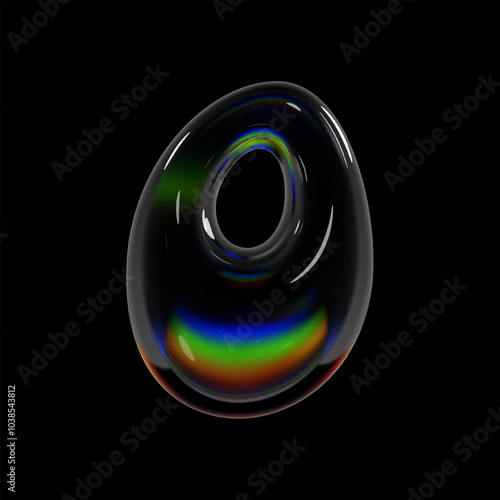 Number 0, 3d holographic glass zero number sign. Balloon bubble inflated shape isolated with rainbow dispersion effect, perfect for Y2K futuristic typography and modern font design projects 