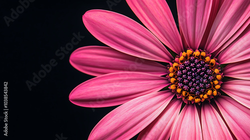 A close-up of a vibrant pink daisy, its petals radiating against a dark black backdrop, sharp focus on the intricate flower center.