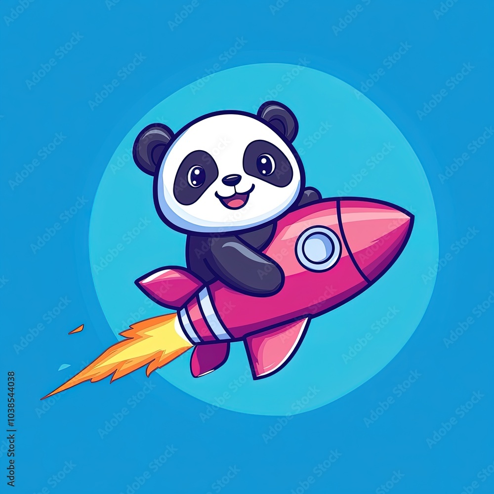 Fototapeta premium Happy panda flying with rocket cartoon illustration