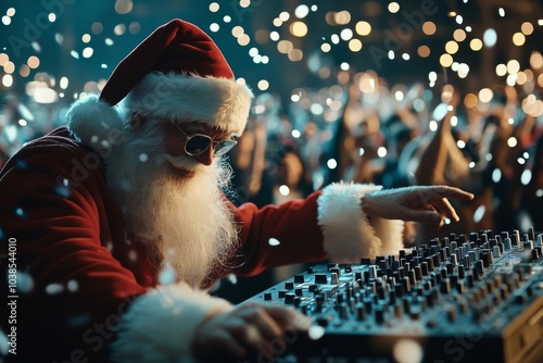 Santa Claus in festive attire mixes tracks at a lively Christmas party under a shower of falling snow, capturing the spirit of joyous celebration and music fusion. photo