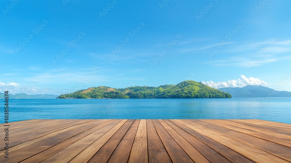 Fototapeta premium Wooden table surface with a scenic view of the sea and island, blue sky stretching above, perfect for summer-themed displays.