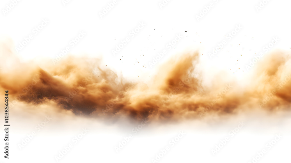 Dust explosion cloud on white background, realistic brown dust particles in motion, perfect for overlay effects, dynamic action visuals, depicting energy, power, and force in movement Dust explosion cloud on white background, realistic brown dust particles in motion, perfect for overlay effects, dynamic action visuals, depicting energy, power, and force in movement