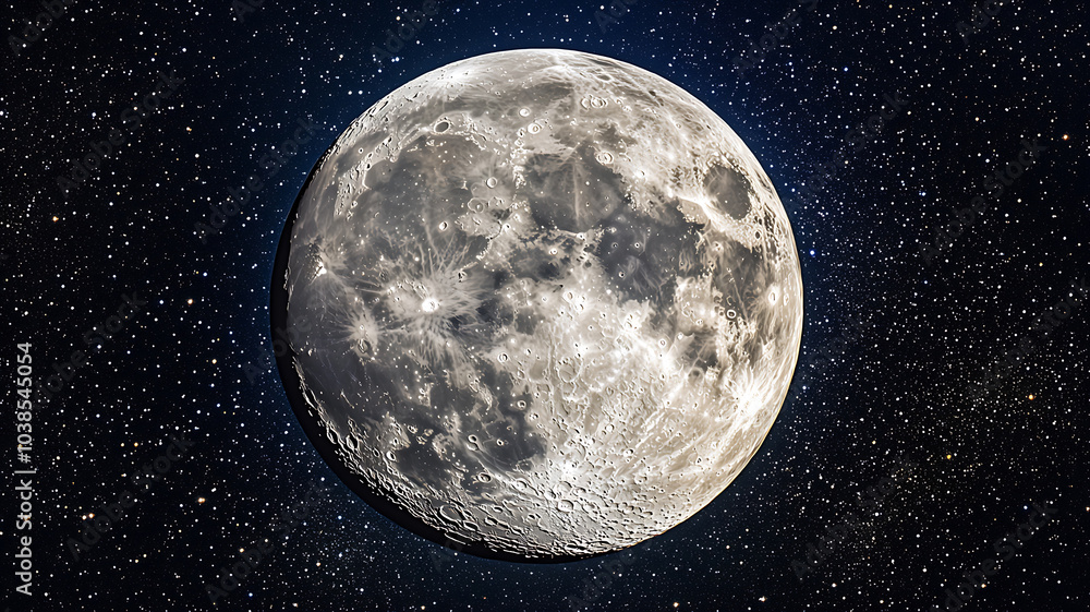 Fototapeta premium Bright full moon with visible craters, dominating the clear starry sky, surrounded by sparkling stars, detailed texture of the moon’s surface standing out, serene and vast night sky, photorealism.
