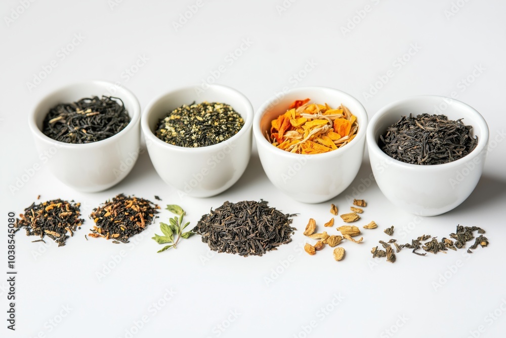 Assorted herbal teas and dried spices in bowls, with sprigs of fresh herbs on a white background, representing natural health and flavor diversity. Assorted herbal teas and dried spices in bowls, with sprigs of fresh herbs on a white background, representing natural health and flavor diversity.