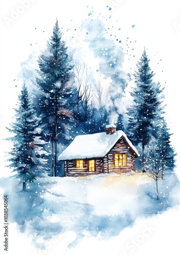 Cozy cabin in winter landscape surrounded by snow-covered pine trees, warm light glowing from windows, serene winter scene.