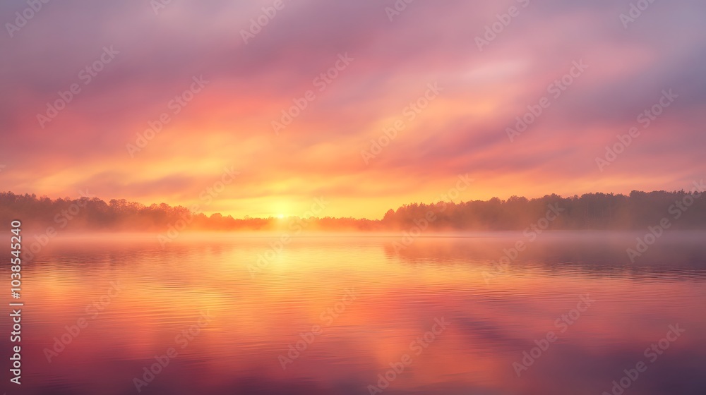 Obraz premium Serene Sunrise over a Misty Lake
