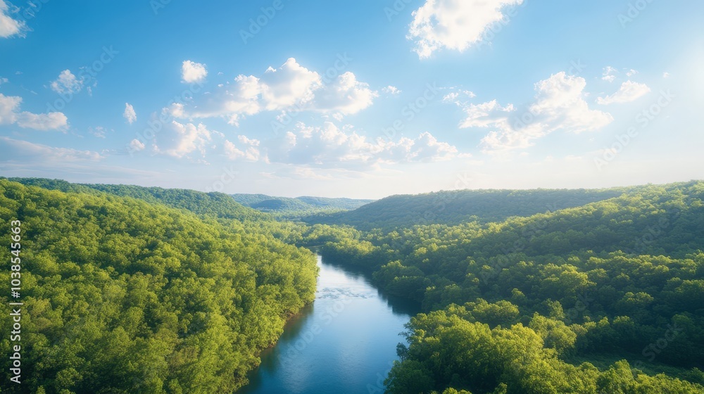 Scenic aerial view of lush green forest and river Scenic aerial view of lush green forest and river