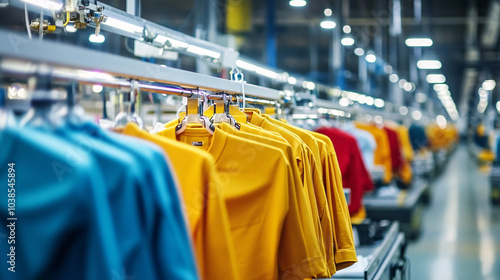 Yellow and Blue Shirts Hanging on a Rack in a Factory