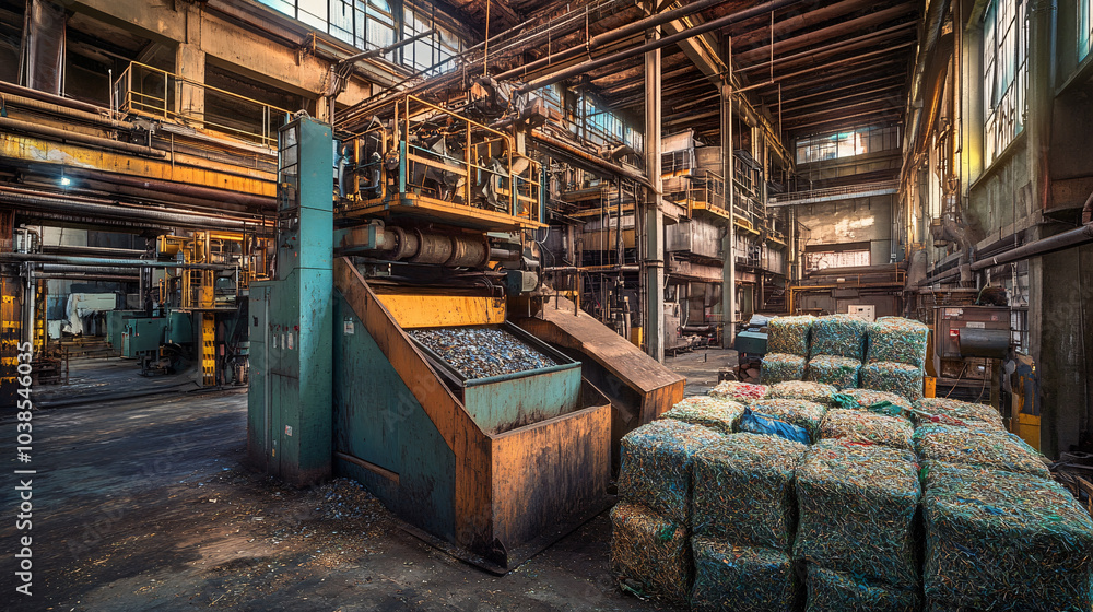 Abandoned Industrial Building Interior with Recycling Machine and Bales Abandoned Industrial Building Interior with Recycling Machine and Bales