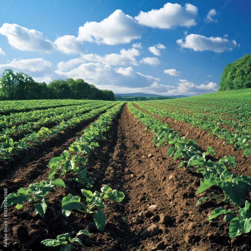 Farmland Rows Under Blue Sky Farmland Rows Under Blue Sky