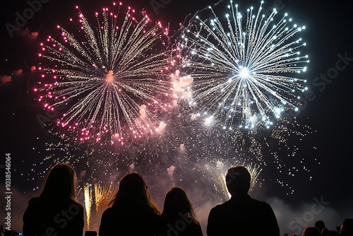 Spectators watch night sky lit by vibrant fireworks.