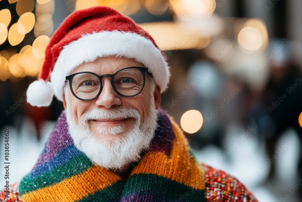 A joyful man wearing a Santa hat and colorful rainbow scarf stands outdoors, with blurred festive lights in the background, expressing cheer and acceptance. A joyful man wearing a Santa hat and colorful rainbow scarf stands outdoors, with blurred festive lights in the background, expressing cheer and acceptance.
