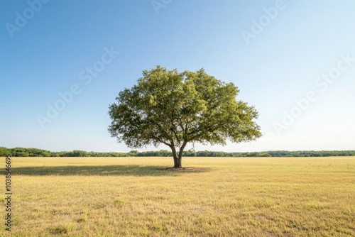 Lone tree in a golden field under a blue sky