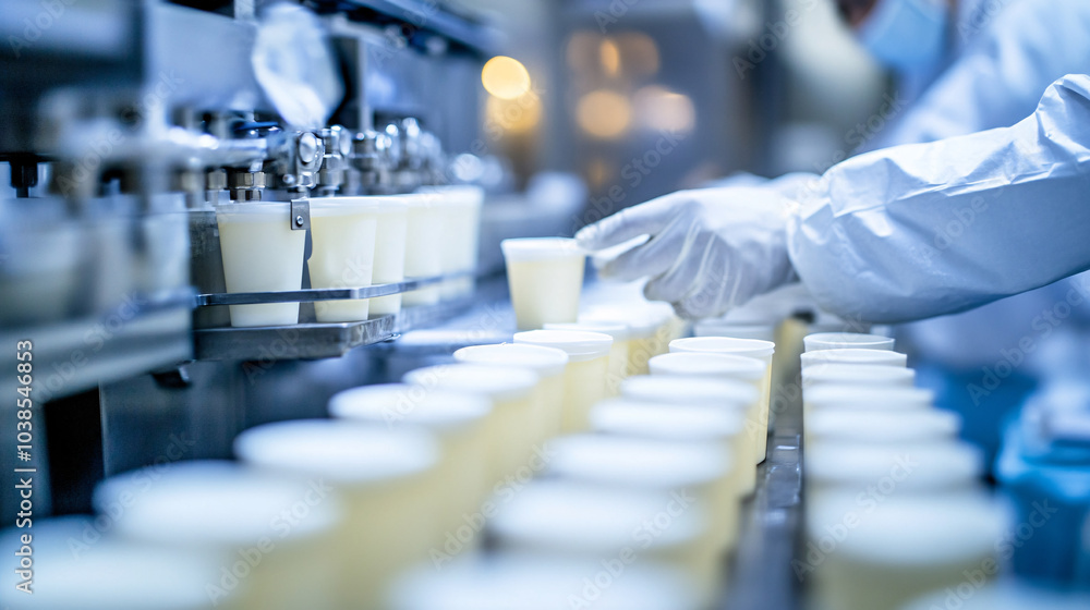 Close-up of a worker in a sterile environment filling containers on a production line Close-up of a worker in a sterile environment filling containers on a production line