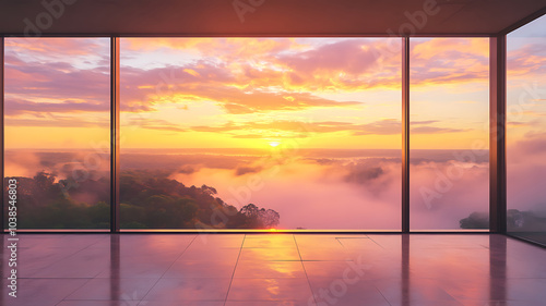 Stunning sunrise views from the modern floor to ceiling window, the sky flooded with orange and golden light, overlooking the misty forest creating a peaceful and calming atmosphere.