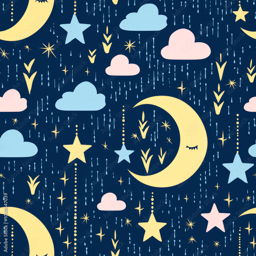 Seamless pattern with moon, stars, clouds and rain on dark blue background. Seamless pattern with moon, stars, clouds and rain on dark blue background.