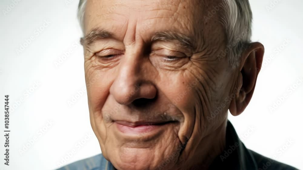 Close-up static video of an older man with a glass eye, expressing wisdom with a kind smile against a plain white background, lit by studio key light. Close-up static video of an older man with a glass eye, expressing wisdom with a kind smile against a plain white background, lit by studio key light.