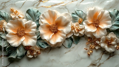3d abstract background with white paper flowers and golden, green leaves, floral botanical