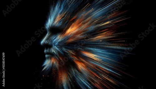 Abstract digital art of a face blending with cosmic elements, portraying a fusion of humanity and the universe