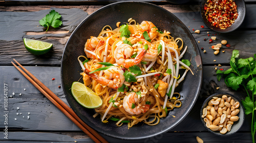 A delicious meal featuring stir-fried vegetables, chicken, shrimp, and rice on a plate with fresh ingredients and vibrant colors, Pad thai