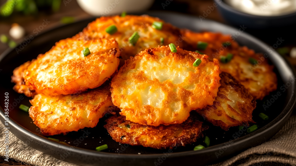 Golden crispy potato rosti garnished with fresh parsley on a black plate, comfort food concept Golden crispy potato rosti garnished with fresh parsley on a black plate, comfort food concept