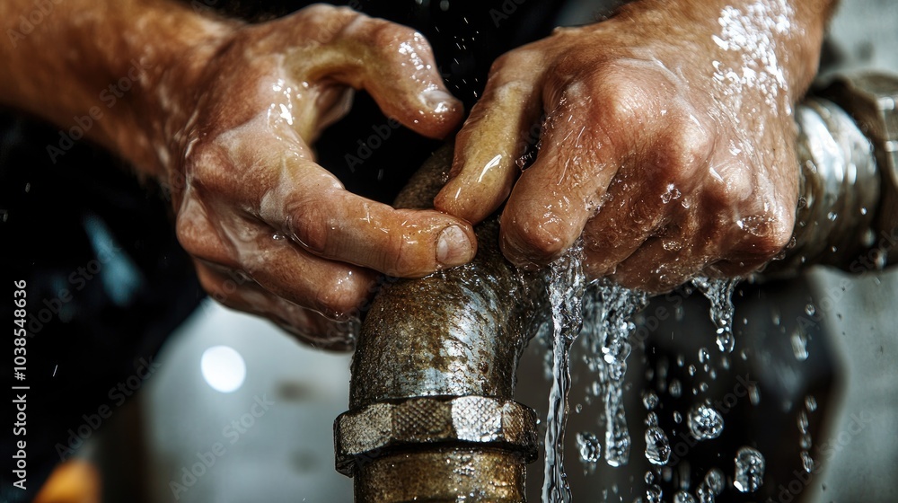 Fototapeta premium Close-up of a plumber's hands fixing a burst pipe with water leakage, highlighting the urgency and skill involved in emergency plumbing repairs.