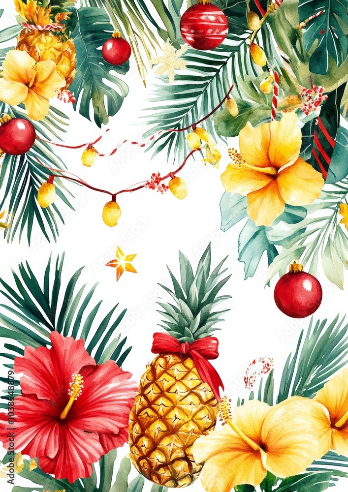 Vibrant tropical flowers, leaves, and decorations on a white isolate background, perfect for festive designs. Vibrant tropical flowers, leaves, and decorations on a white isolate background, perfect for festive designs.