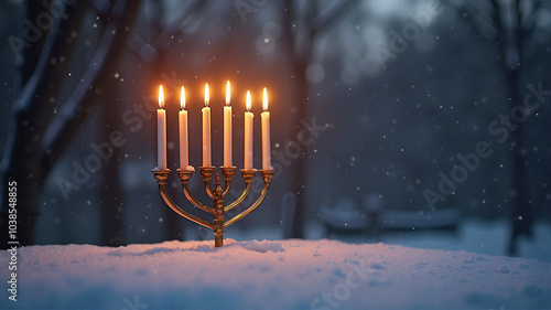 Menorah in the snow, serene mood, glowing candles in winter scenery, warm festive background photo