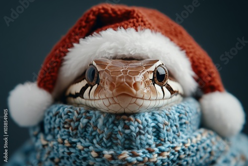 A snake cozily wrapped in a blue scarf and wearing a Santa hat, combining unexpected whimsy and holiday charm with contrasting elements of nature. photo