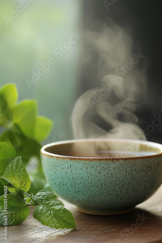 steaming cup of herbal tea surrounded by fresh mint leaves evokes warmth and tranquility