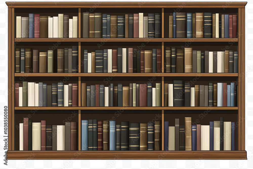 Wooden bookshelf filled with various books on shelves, perfect for creating a cozy reading atmosphere. Wooden bookshelf filled with various books on shelves, perfect for creating a cozy reading atmosphere.