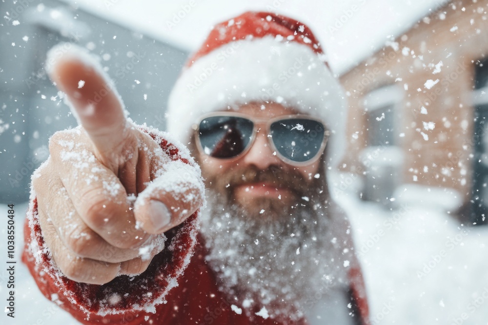 Santa Claus, in a snowy environment, playfully points forward while wearing a classic hat and coat, embodying a sense of adventure and festivity that excites. Santa Claus, in a snowy environment, playfully points forward while wearing a classic hat and coat, embodying a sense of adventure and festivity that excites.