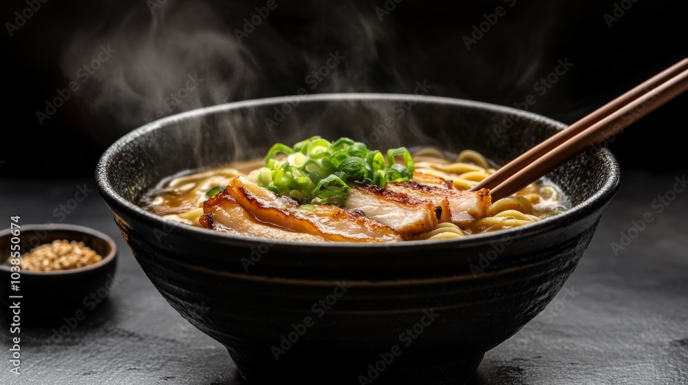 A steaming bowl of authentic ramen noodles garnished with sliced green onions and tender slices of pork belly, Ramen bowl centered, Moody lighting to evoke a sense of comfort A steaming bowl of authentic ramen noodles garnished with sliced green onions and tender slices of pork belly, Ramen bowl centered, Moody lighting to evoke a sense of comfort