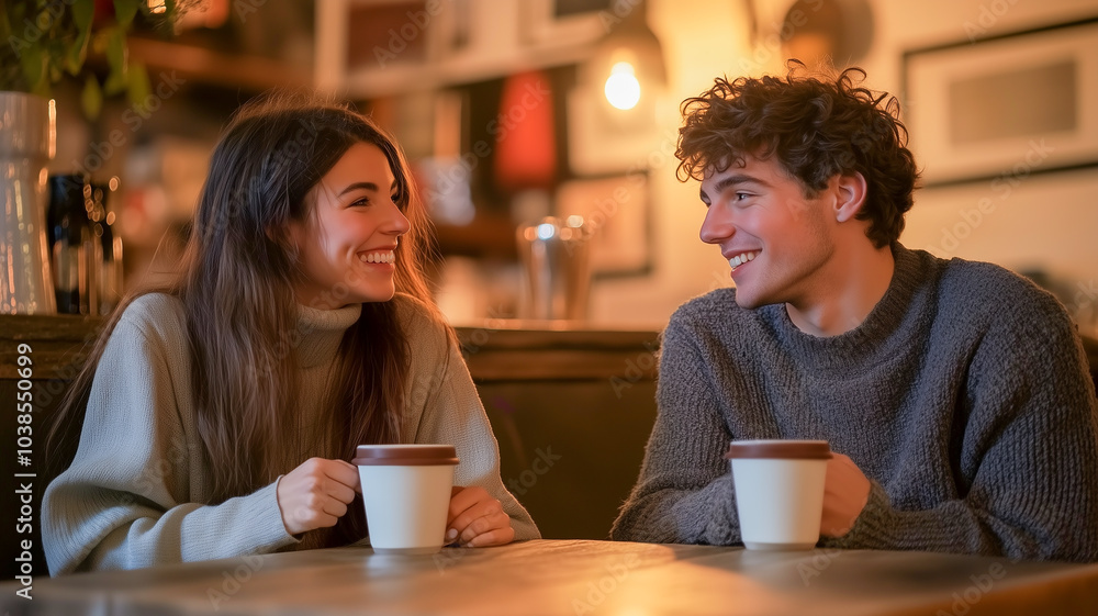 Two friends sitting at a cozy cafe table, both holding beautiful cups of coffee, smiling and chatting, soft warm lighting creating a relaxed and inviting atmosphere, stylish cafe interior. Two friends sitting at a cozy cafe table, both holding beautiful cups of coffee, smiling and chatting, soft warm lighting creating a relaxed and inviting atmosphere, stylish cafe interior.
