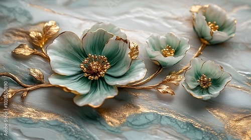 3d abstract background with white paper flowers and golden, green leaves, floral botanical
