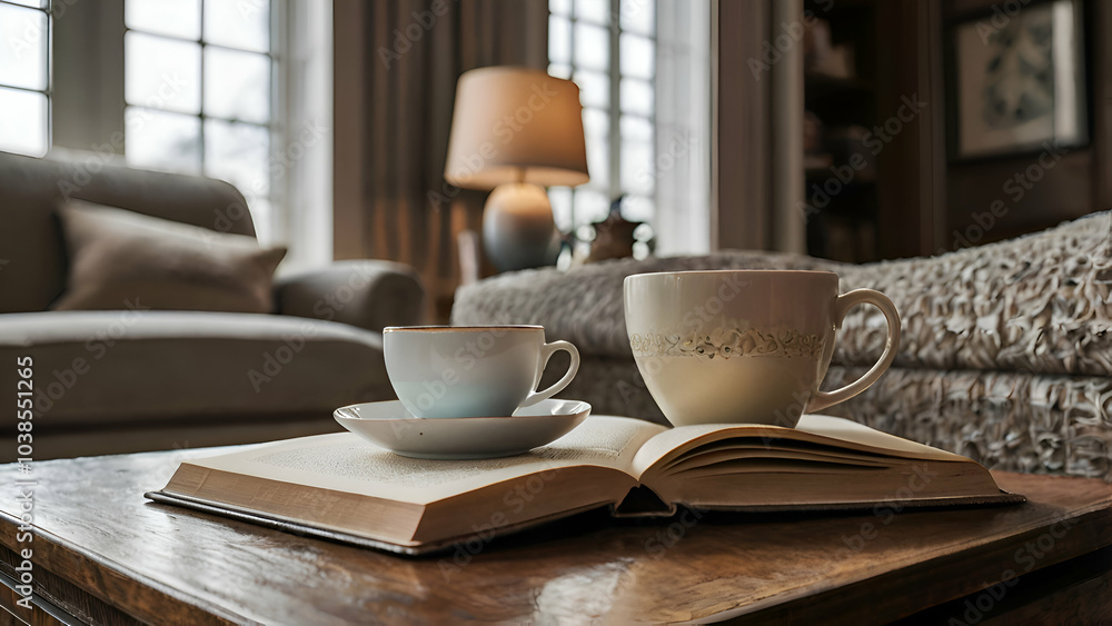 A close-up of two cups of coffee on wooden table in living room peaceful lifestyle. A close-up of two cups of coffee on wooden table in living room peaceful lifestyle.