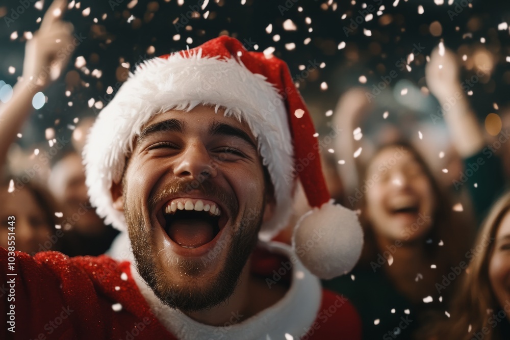A joyful bearded man, donning a Santa suit and hat, laughs spiritedly as snow-like confetti falls around him; others celebrate joyously in the blurred background. A joyful bearded man, donning a Santa suit and hat, laughs spiritedly as snow-like confetti falls around him; others celebrate joyously in the blurred background.