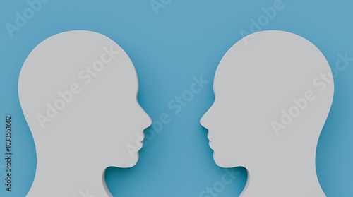 Silhouette of a persons in profile 3d illustration on blue background. Head silhouette on blue background. Business or psychology presentation template.