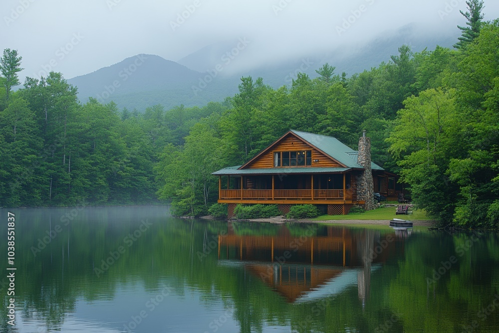 Obraz premium A cozy wooden cabin by a misty forest lake, surrounded by lush green trees and reflected in the calm water. The image evokes tranquility, nature, and a peaceful retreat.