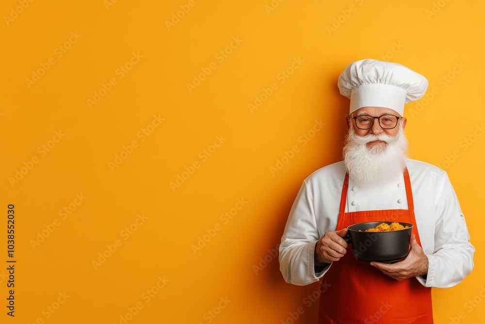 An elderly chef with a white beard and glasses, dressed in a white chef's coat and orange apron, stands with a pot, against a vibrant orange background. An elderly chef with a white beard and glasses, dressed in a white chef's coat and orange apron, stands with a pot, against a vibrant orange background.